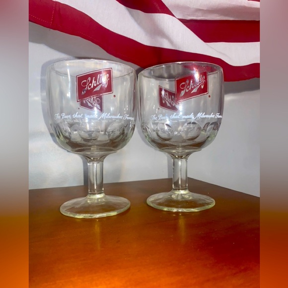 Other - Vintage Schlitz Beer Milwaukee Clear Glass Goblet Thumb Print Stemware 6”-16Oz